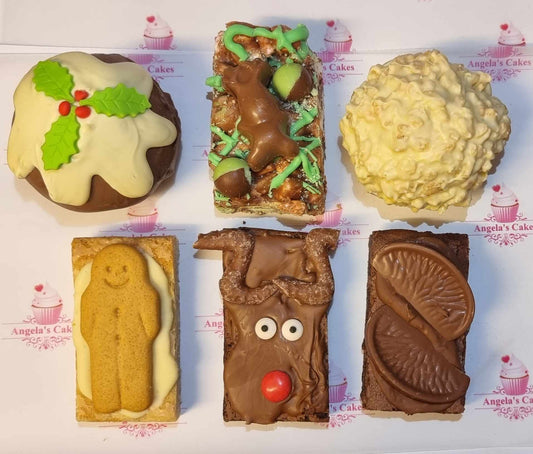 Christmas Selection Box - 1x Pudding, 1x Snowball, 1x Mint Rocky road, 1x Gingerbread Blondie, 1x Reindeer Brownie + 1x Chocolate Orange Brownie