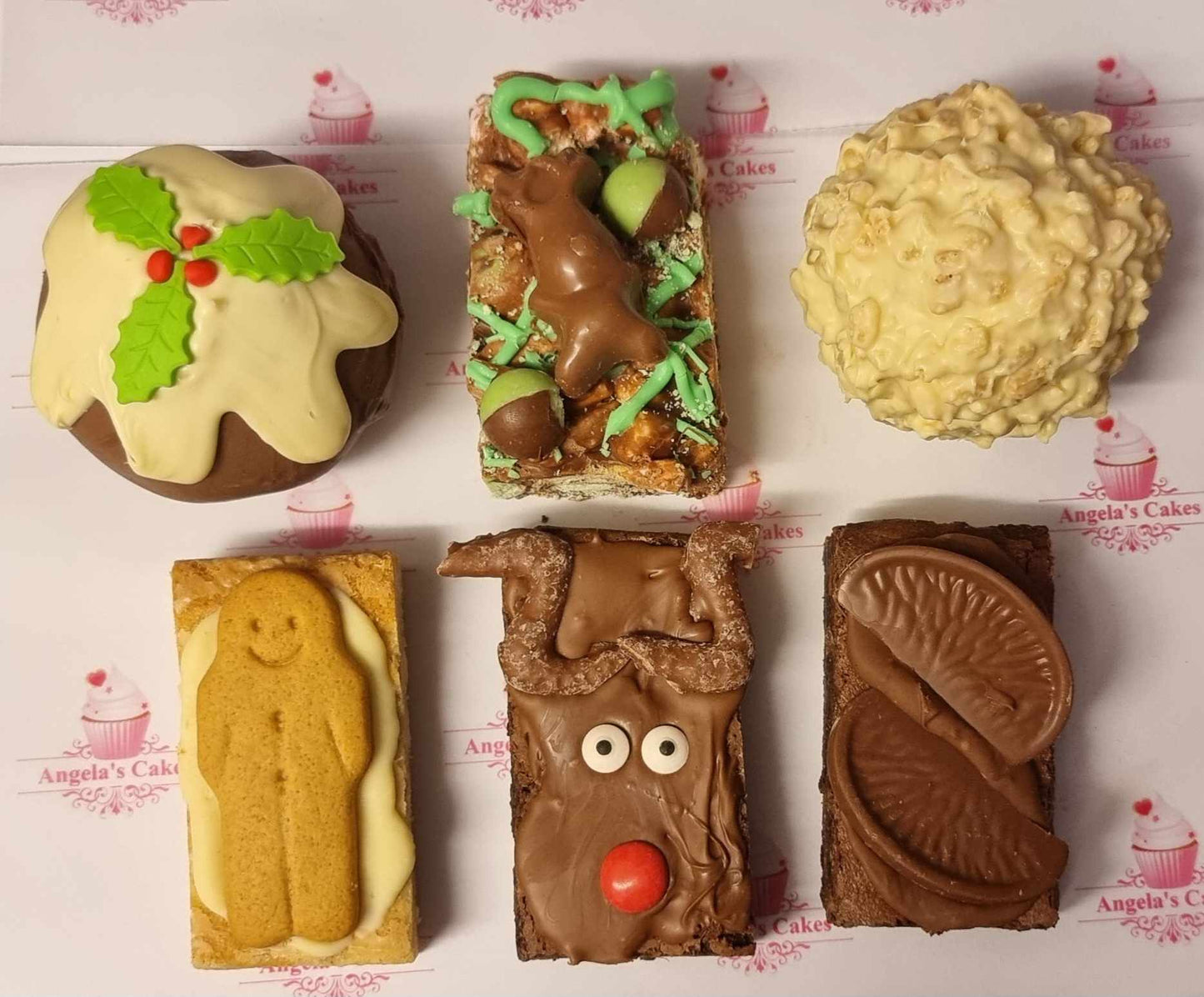 Christmas Selection Box - 1x Pudding, 1x Snowball, 1x Mint Rocky road, 1x Gingerbread Blondie, 1x Reindeer Brownie + 1x Chocolate Orange Brownie